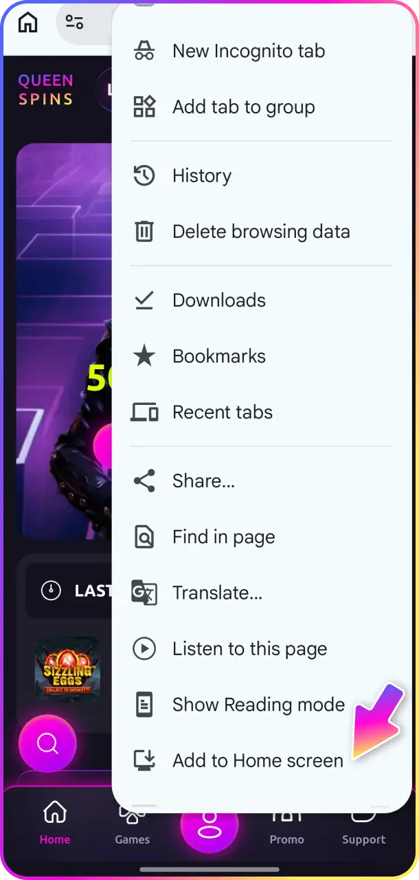 Open Chrome sidebar to access the QueenSpins app setup on Android.