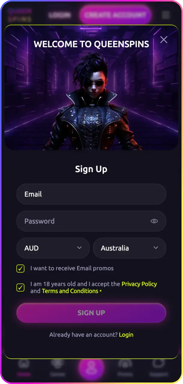 Complete quick registration via the QueenSpins app to start playing instantly.
