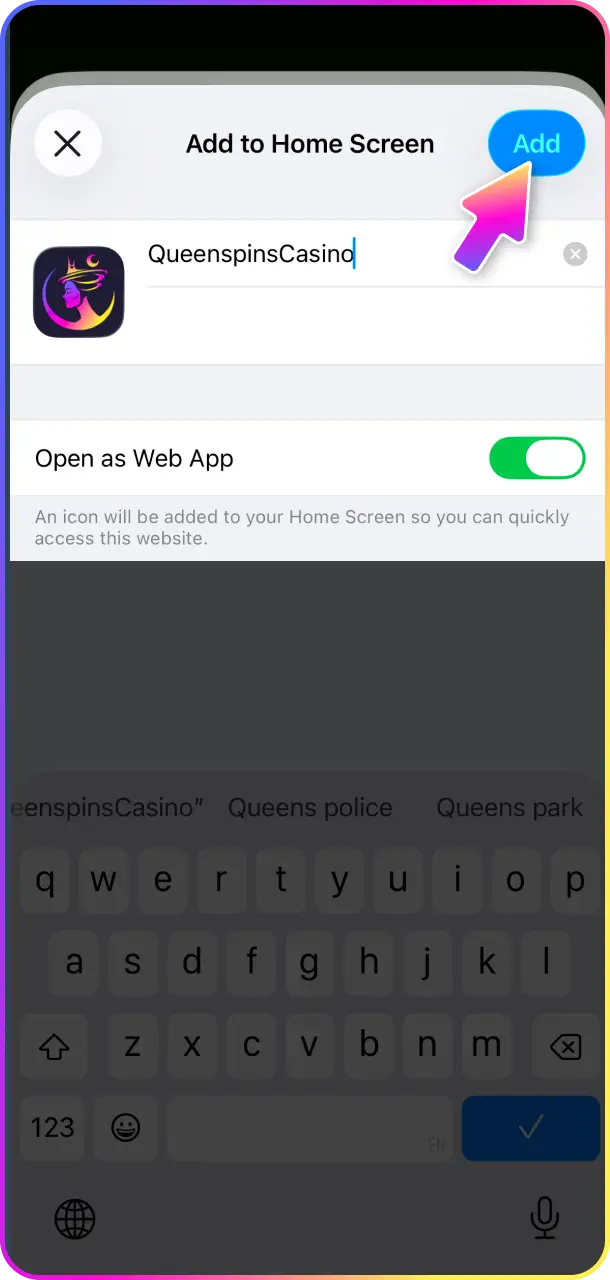 Confirm installation to finalize the QueenSpins app setup on your iOS device.