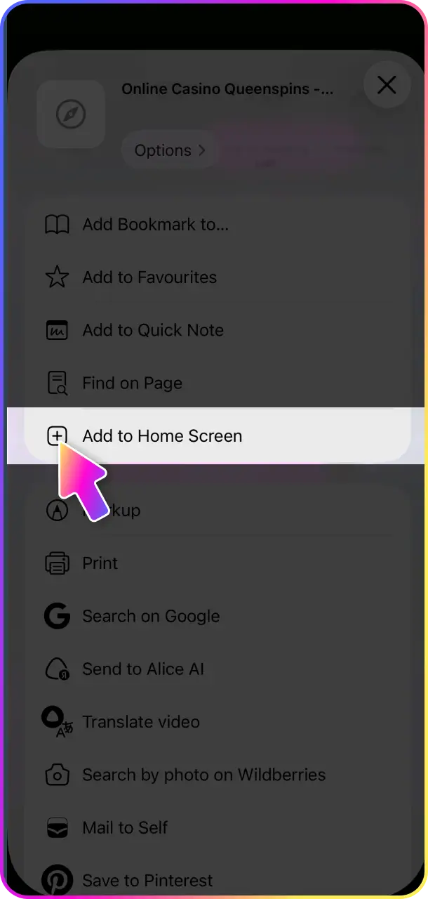 Install PWA on your iPhone to access the QueenSpins app features.