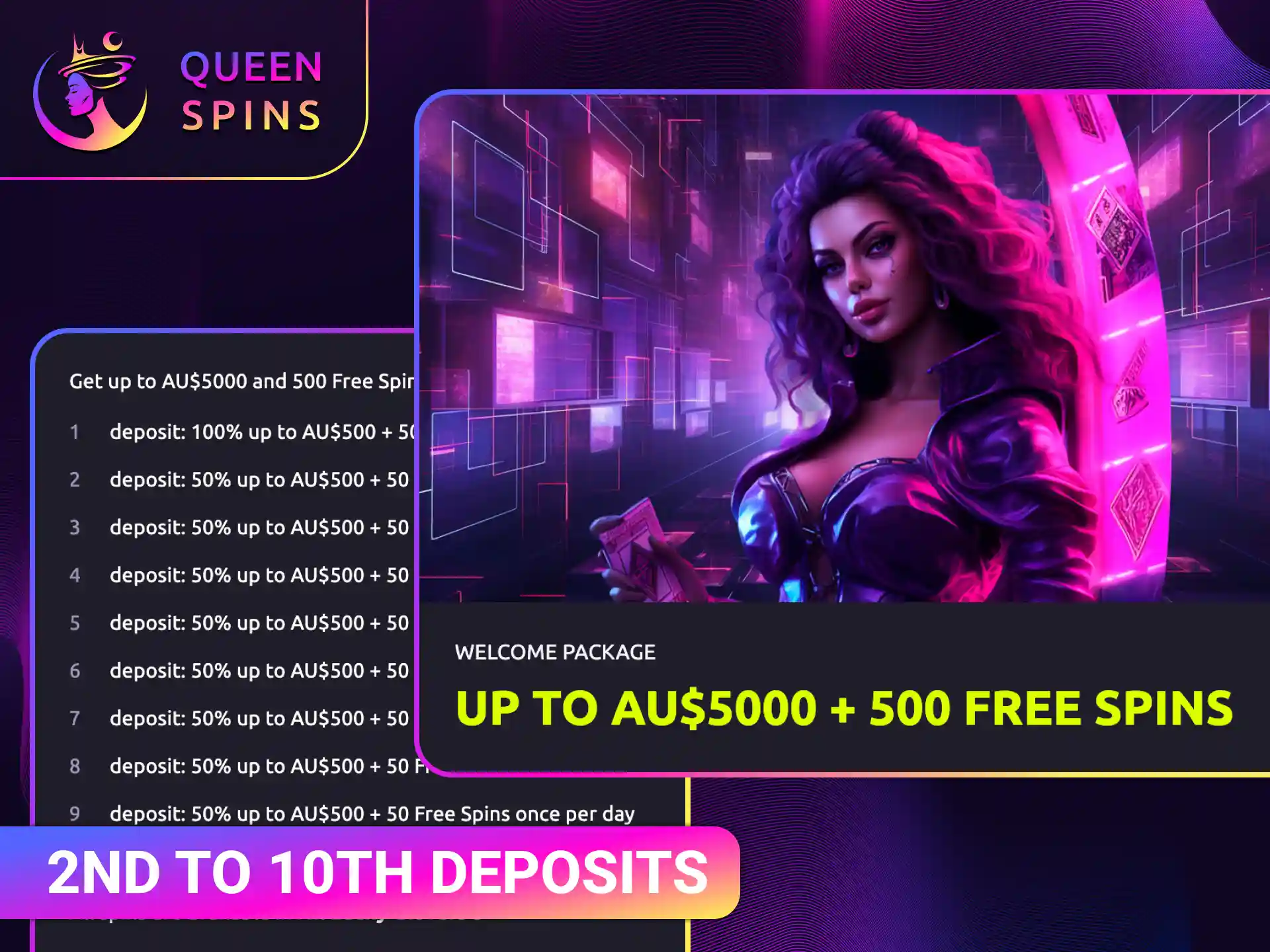 Claim additional QueenSpins bonuses for the 2nd to 10th deposits for rewards.