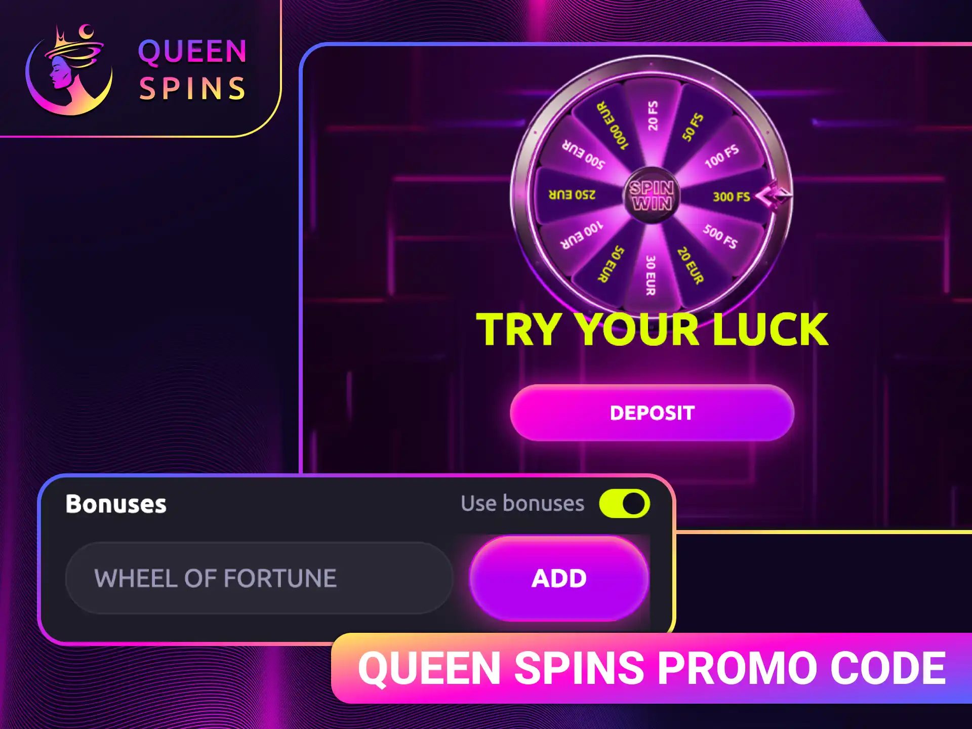 Apply a Queen Spins promo code for extra rewards on your account.