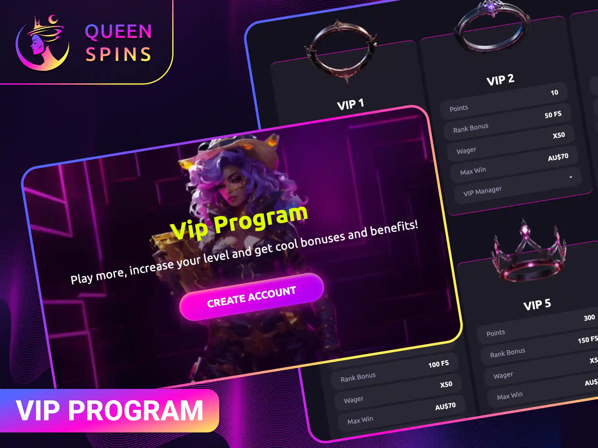 Join the exclusive VIP program to earn special QueenSpins rewards and perks.