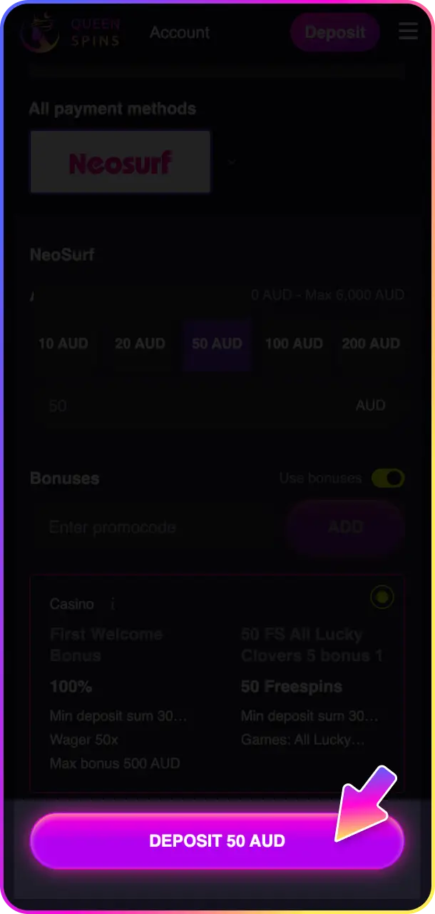 Finalize the transaction to start playing games on the QueenSpins platform.