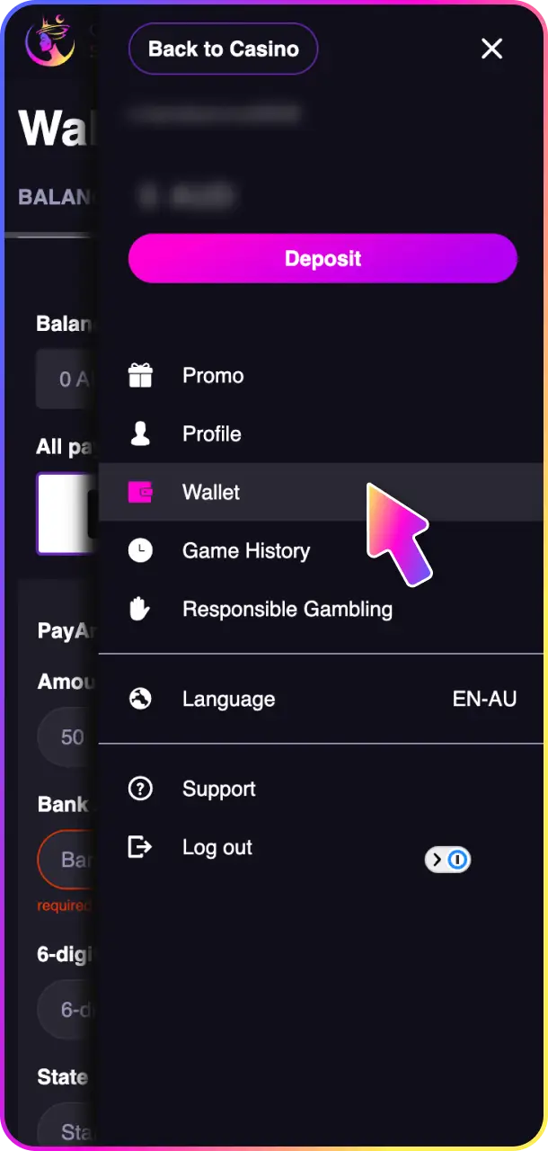 Go to the wallet to manage your funds on QueenSpins Australia.
