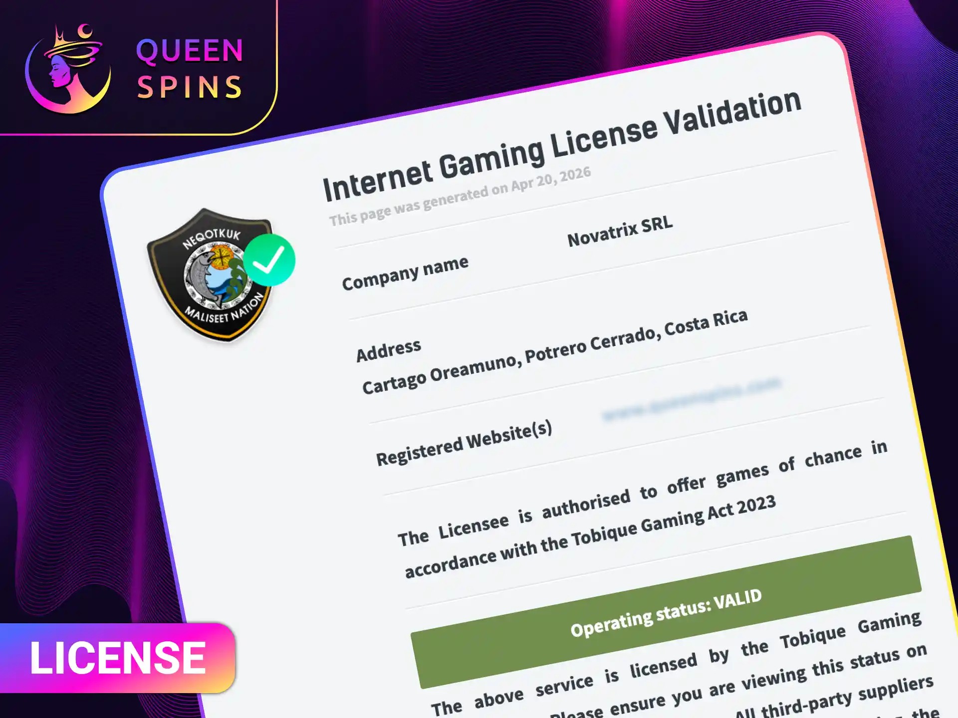 Verify the Tobique gaming license for a secure environment at QueenSpins.