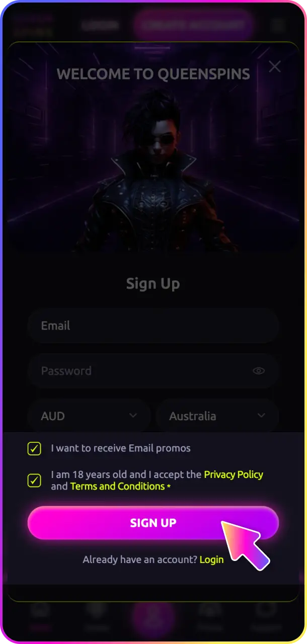 Complete the registration steps to finalize your QueenSpins profile in Australia.