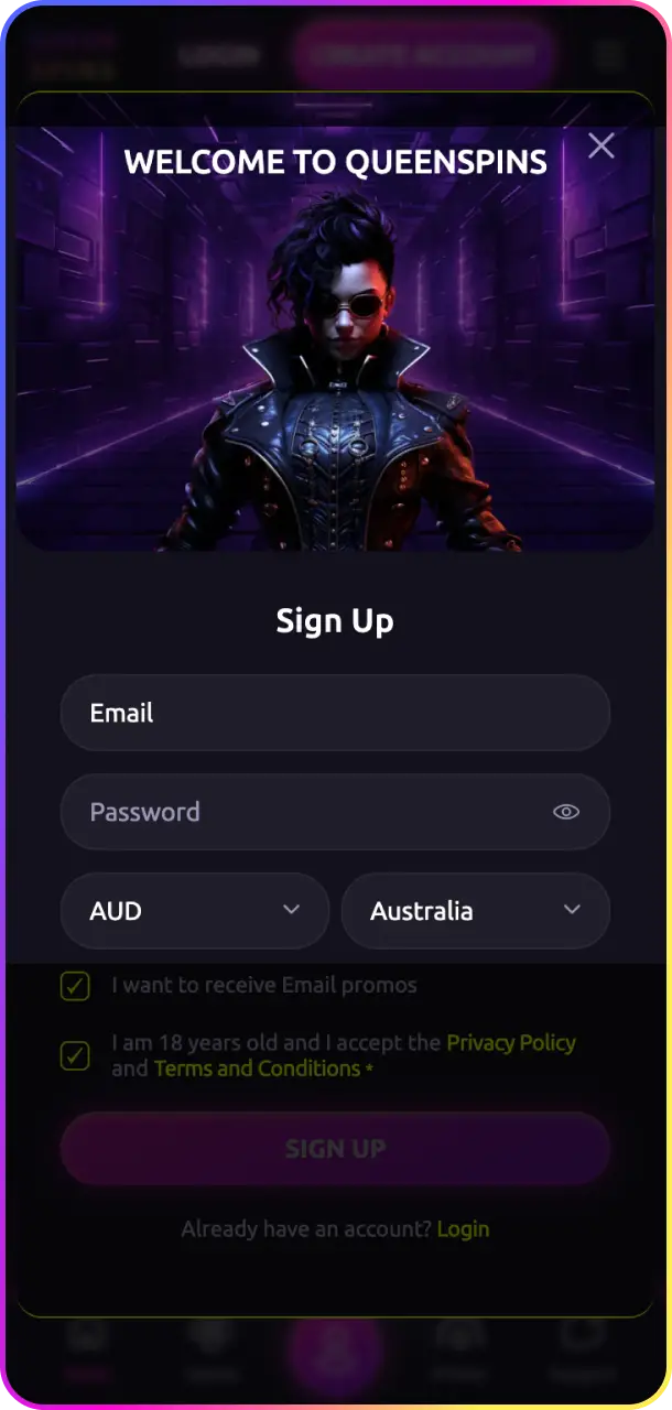 Come up with a nickname and password and enter them at QueenSpins.