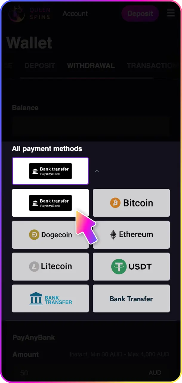 Choose a withdrawal method and amount for your cashout at QueenSpins.