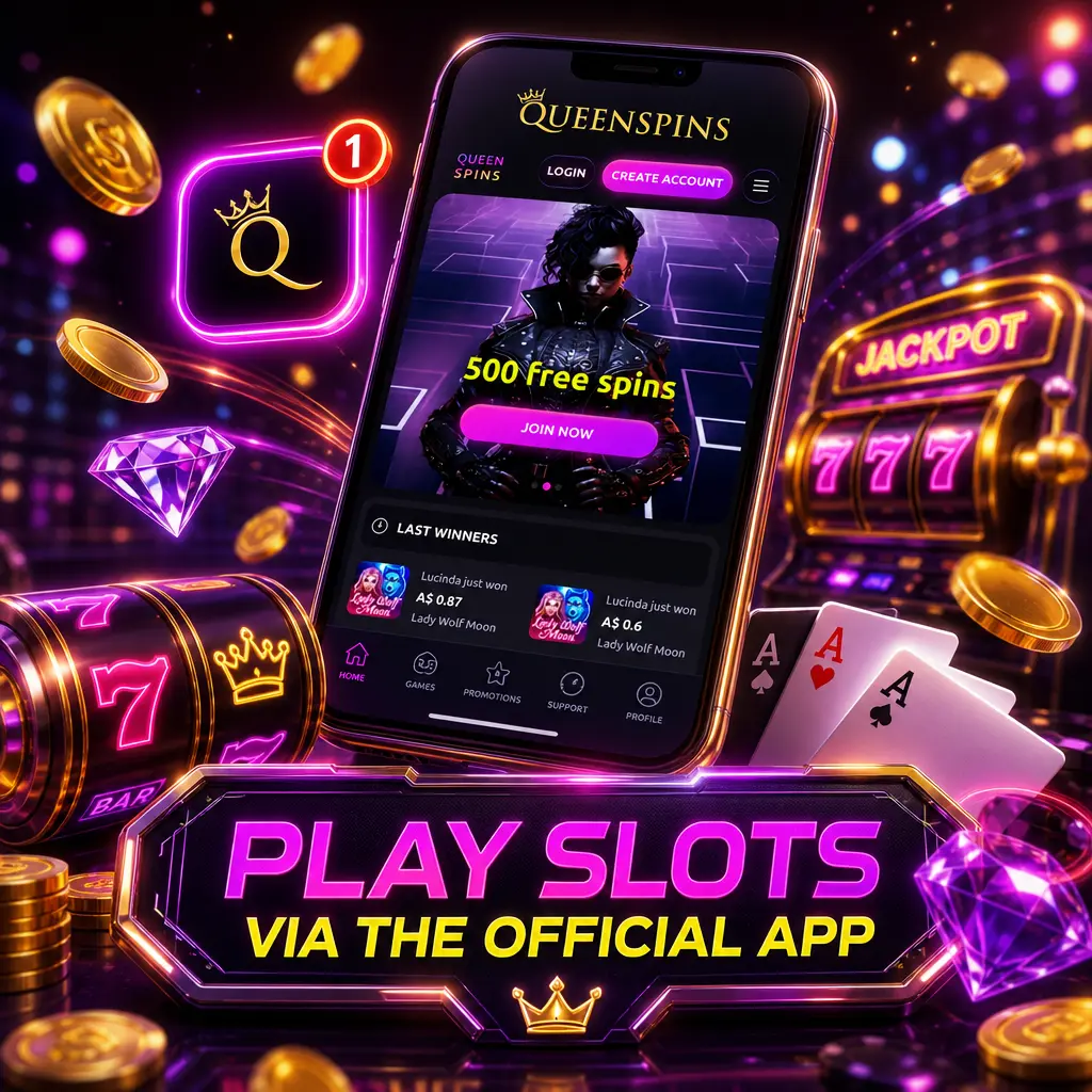 Queenspins mobile app screen showing slots library with classic, video, Megaways and jackpot games on iOS and Android